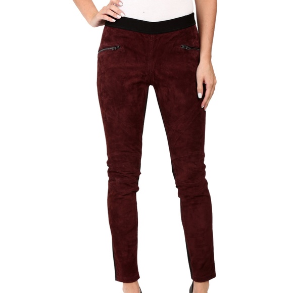 Blank NYC Pants - BLANK NYC Burgundy Suede-Front Skinny Pants Burgundy Suede/Black Ponte